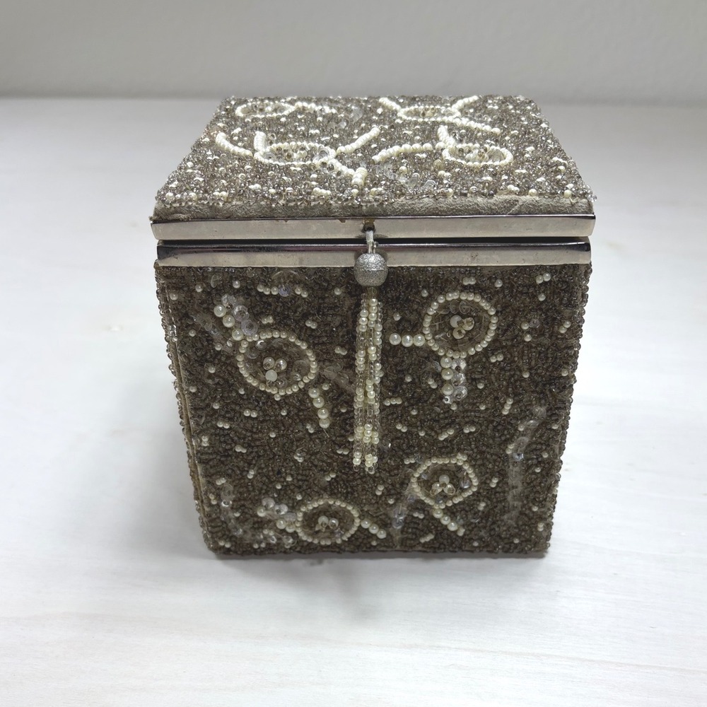 Target 2005 Vintage Style Beaded Jewelry Box Champagne Pearl Sequin Tassel 4x4